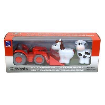 Model Kubota Little Orange Tractor, With Animals Set, Scale 1:18, Newray SS-33073