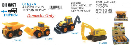 Model Die Cast Mini Construction Vehicles, Pull-back, 4 Styles, 12 Pieces, Scale 1:32, Newray 01627A 01624A 01624B 01624C 01624D