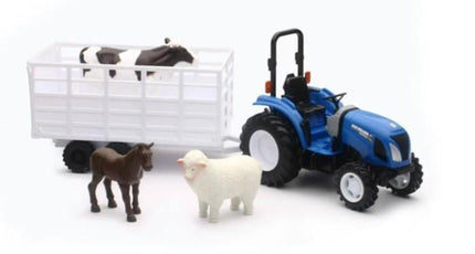 Model New Holland Boomer 55 Playset, Trailer With Animals, Scale 1:32, Newray 05735A