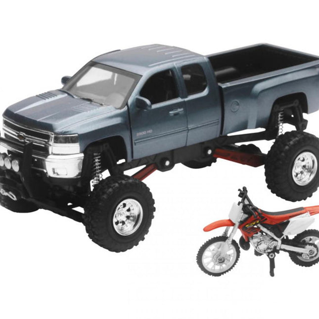 Model Die Cast Chevrolet Pick Up, With Yamaha Dirt Bike, Scale 1:32, Newray SS-54426