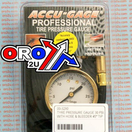 Tyre Pressure Gauge 30 Psi., With Hose & Bleeder 45* Tip, H30XA