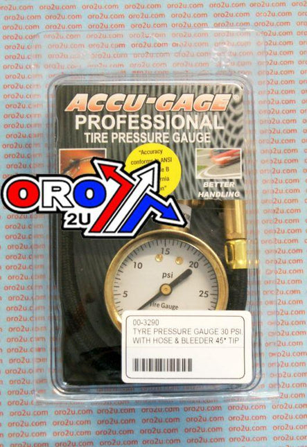 Tyre Pressure Gauge 30 Psi., With Hose & Bleeder 45* Tip, H30XA