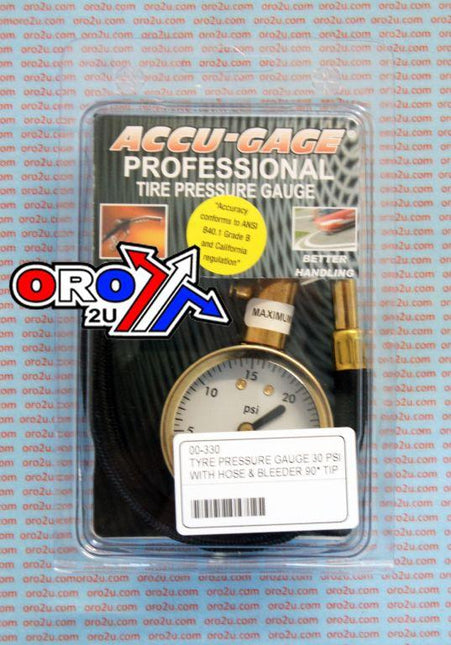 Tyre Pressure Gauge 30 Psi, With Hose & Bleeder 90* Tip, RA30X