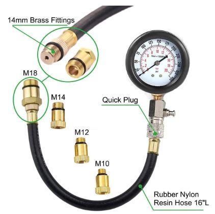 Petrol Engine Compression Test Tool Kit, 10 12 14 & 18mm Plugs / 0-300psi 0-20bar