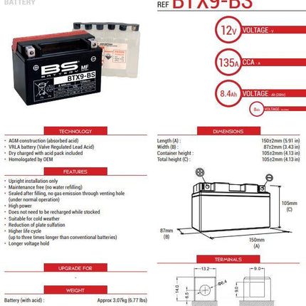 BATTERY YTX9-BS 12V MA.FREE, BS Maintenance Free BTX9-BS, 300621, BS-BTX9-BS