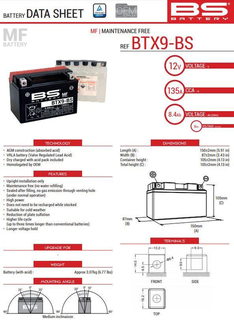 BATTERY YTX9-BS 12V MA.FREE, BS Maintenance Free BTX9-BS, 300621, BS-BTX9-BS