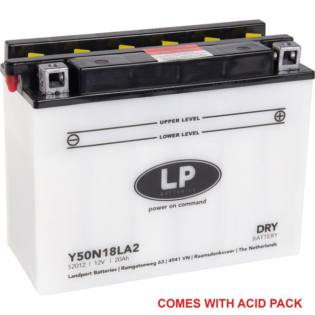 Battery L50N18LA2 12V 20Ahr, Landport With Acid Pack, Road, Mc Ma Y50N18L-A2, Md L50N18LA2
