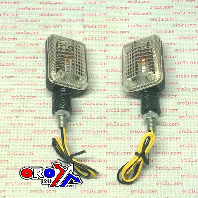 Indicator Lamp Pair Rectangular Smoke Lens Carbon Effect Housing 12V 23W 75-38mm M8-20mm