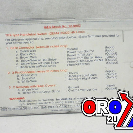 Switch Light Start, Kill, Honda Trx 35020-HN1-00, K&s KS12-0052