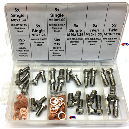 Pro Banjo Bolt Kit M8 & M10, Stainless Steel Banjo Bolts, 30 Bolts & 75 Copper Washers