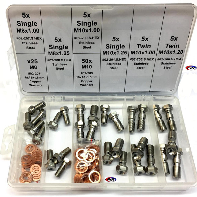 Pro Banjo Bolt Kit M8 & M10, Stainless Steel Banjo Bolts, 30 Bolts & 75 Copper Washers
