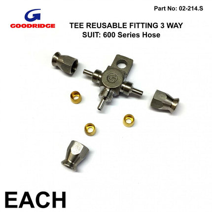 Tee Reusable Fitting 3 Way, Suit 600 Series Brake Hose, OEM Goodridge 5136-03C