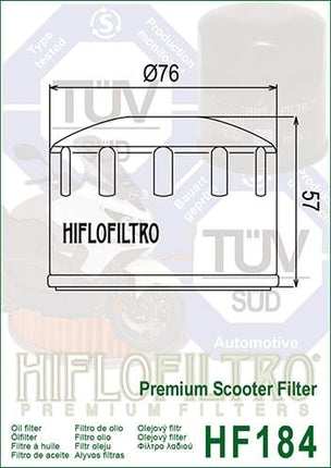 Oil Filter Hiflo HF184 Aprilia, 830239/82658R/82883R, Piaggio, Road, 82960R