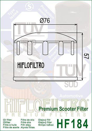 Oil Filter Hiflo HF184 Aprilia, 830239/82658R/82883R, Piaggio, Road, 82960R