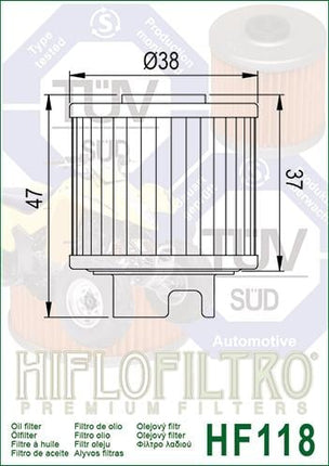 Oil Filter Hiflo HF118, Honda 15412-HB6-003