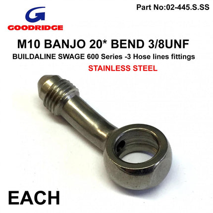 M10 Banjo 20* Bend 3/8UNF Gr, B593-03C Swage Crimp Fitting 600 Series -3, Goodridge / Stainless Steel