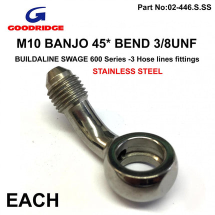M10 Banjo 45* Bend 3/8UNF Gr, B594-03C Swage Crimp Fitting 600 Series -3, Goodridge / Stainless Steel