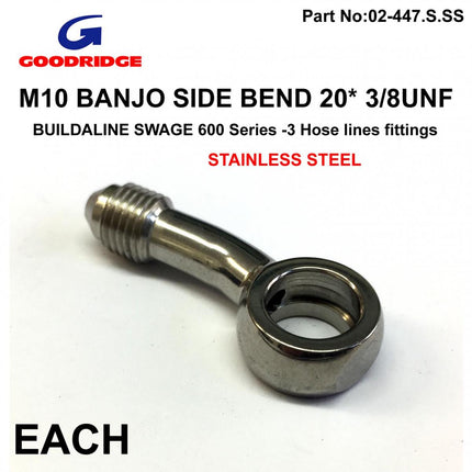 M10 Banjo 20* Side Bend 3/8UNF, B597-03C Swage Crimp Fitting 600 Series -3, Goodridge / Stainless Steel
