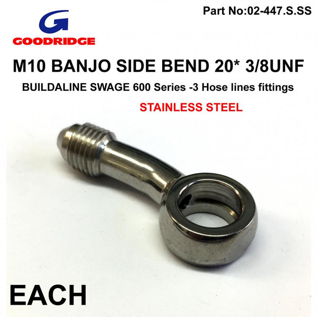 M10 Banjo 20* Side Bend 3/8UNF, B597-03C Swage Crimp Fitting 600 Series -3, Goodridge / Stainless Steel