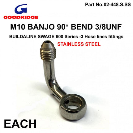 M10 Banjo 90* Bend 3/8UNF Gr, B599-03C Swage Crimp Fitting 600 Series -3, Goodridge / Stainless Steel