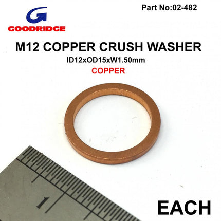 M12 Copper Crush Washer Ea, Each Size ID12 x OD15 x W1.50m, 44519 / Goodridge