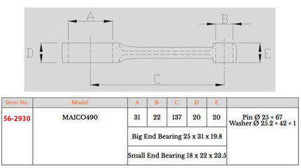 Connecting Rod Kit Maico 490 83-ON, MX-09070 / RO-8201 137-18-25-20-20-67mm