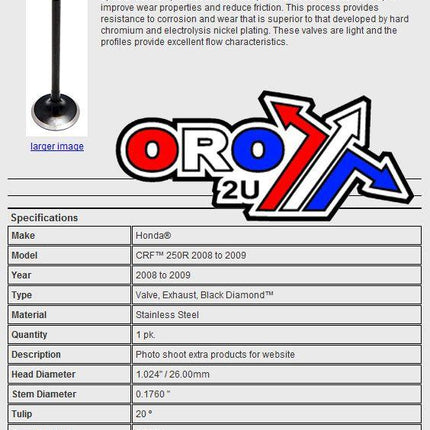 Valve Exhaust CRF250R 08-09 Black Diamond Ss, Kibblewhite 30-31166 Honda, Black Diamond 14721-KRN-A10