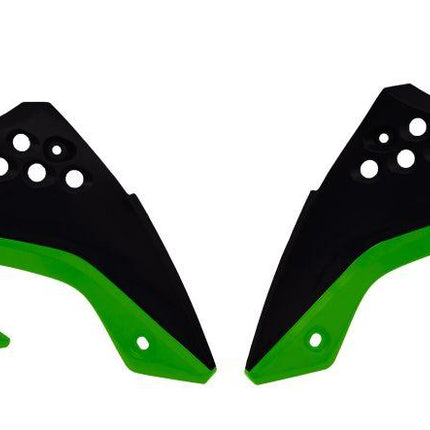 Radiator Scoops 09-11 KX450F, Rtech OEM R-CVKXFNRVE49, Black Top/ Green Bottom 10-11
