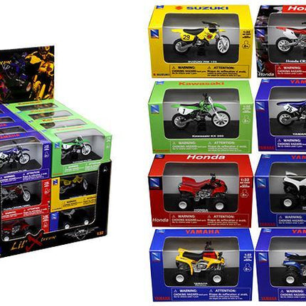 Model Die Cast Dirt Bike / ATV Assortment, 8 Styles, 12 Dirt Bikes & 12 Atvs, Scale 1:32, Newray 06227 06227C