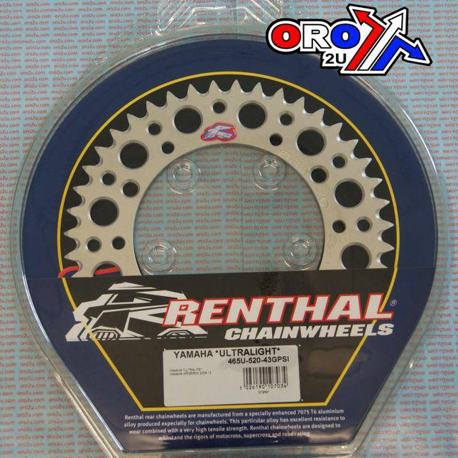 Rear Sprocket Renthal Ya, Ultralite 465U-520-43GPSI Silver, 465U-520-43GPSI