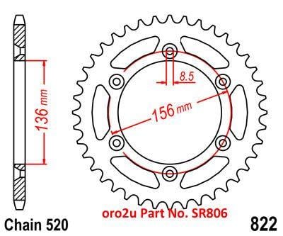 Mino Rear Sprocket Alloy Blk 822, 25-316-520-46