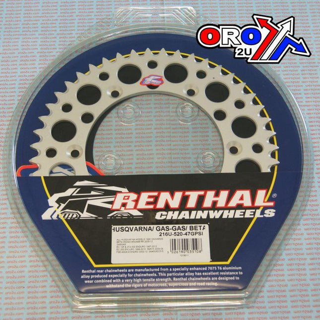 Rear Sprocket Alloy Renthal, Ultralite 216U-520-47GPSI Silver, Husqvarna / Gasgas / Beta