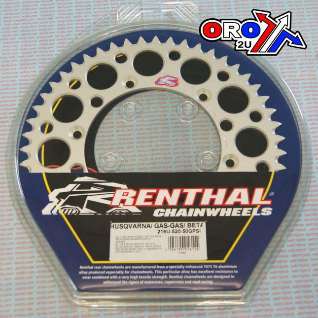 Rear Sprocket Alloy Renthal, Ultralite 216U-520-50GPSI Silver, Husqvarna / Gasgas / Beta