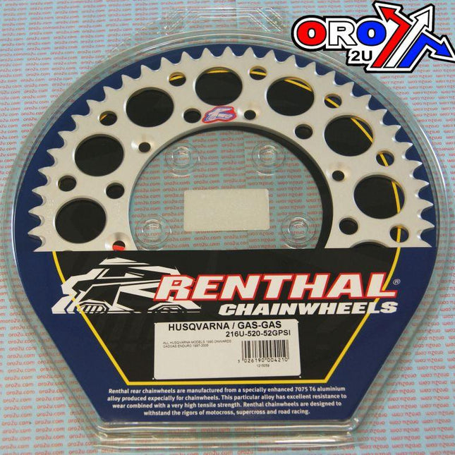 Rear Sprocket Alloy Renthal, Ultralite 216U-520-52GPSI Silver, Husqvarna / Gasgas / Beta