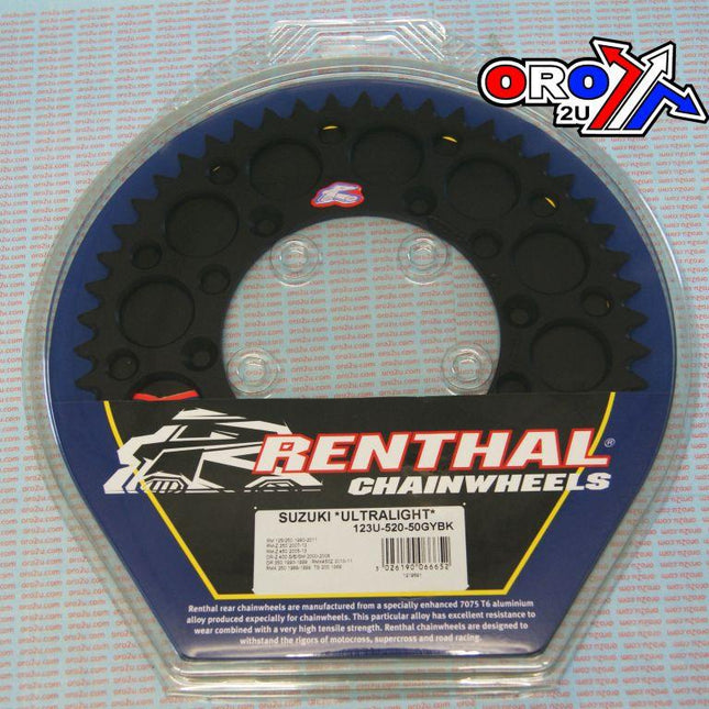 Rear Sprocket Alloy Renthal, Ultralite 123U-520-50GYBK Black, 123U-520-50GYBK