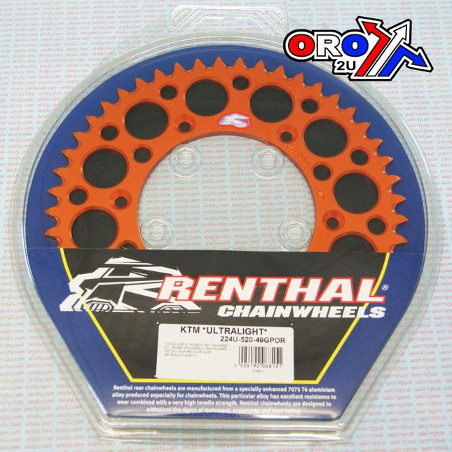 Rear Sprocket Renthal KTM, Ultralite 224U-520-49GPOR Orange, 224U-520-49GPOR