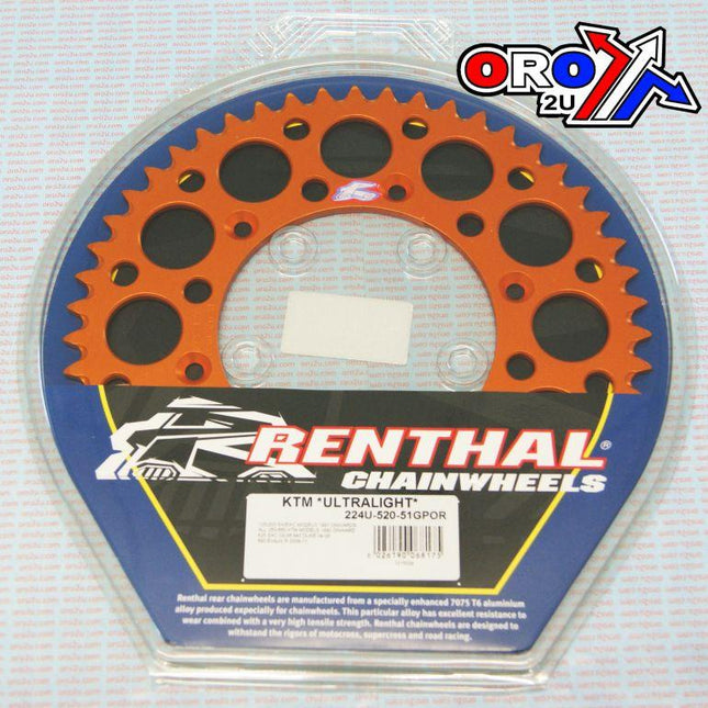 Rear Sprocket Renthal KTM, Ultralite 224U-520-51GPOR Orange, 224U-520-51GPOR