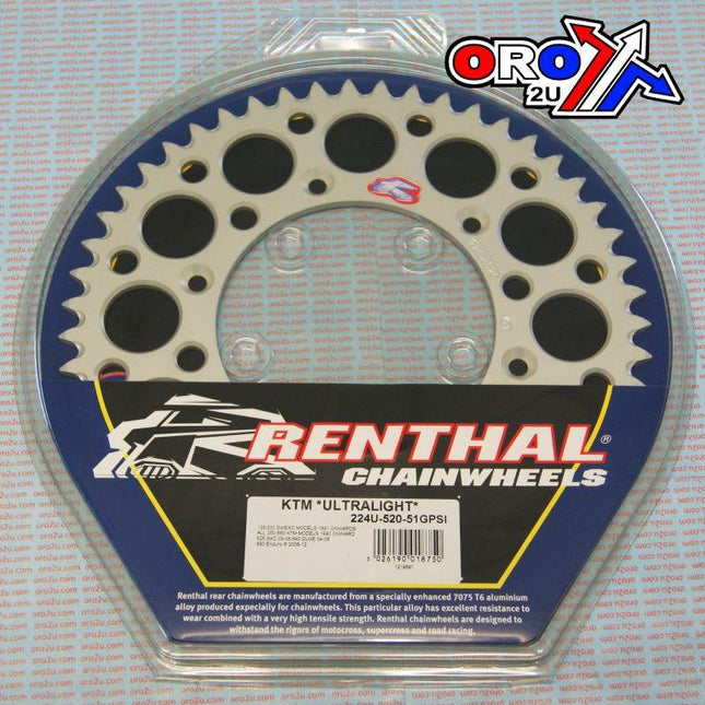 Rear Sprocket Renthal KTM, Ultralite 224U-520-51GPSI Silver, 224U-520-51GPSI