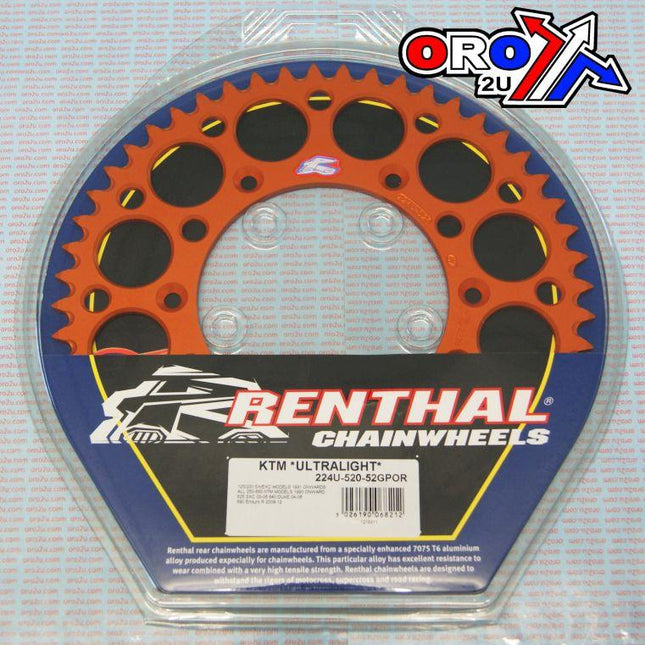 Rear Sprocket Renthal KTM, Ultralite 224U-520-52GPOR Orange