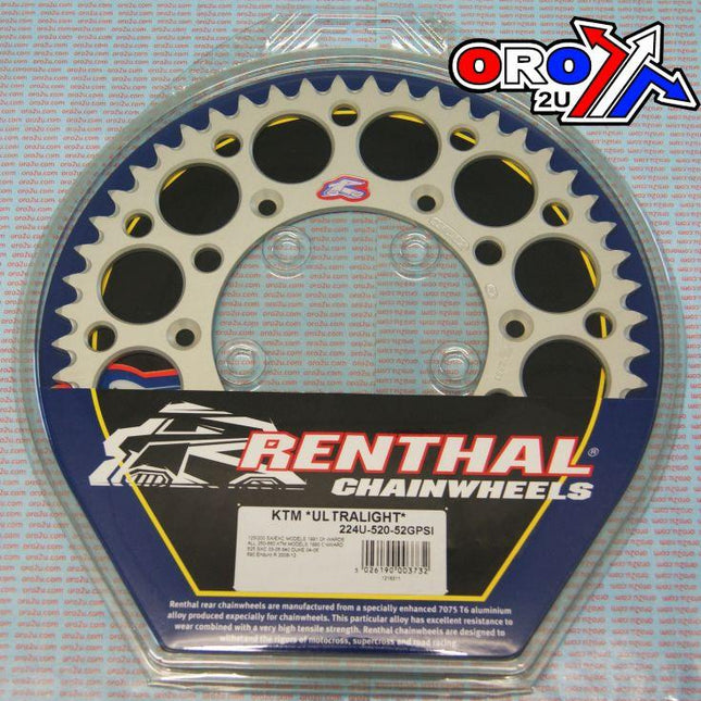 Rear Sprocket Renthal KTM, Ultralite 224U-520-52GPSI Silver, 224U-520-52GPSI
