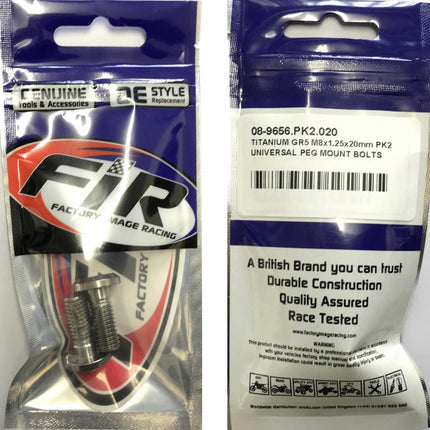 Titanium GR5 M8x1.25x20mm PK2, Universal Peg Mount Bolts, / Flat Head Bolt