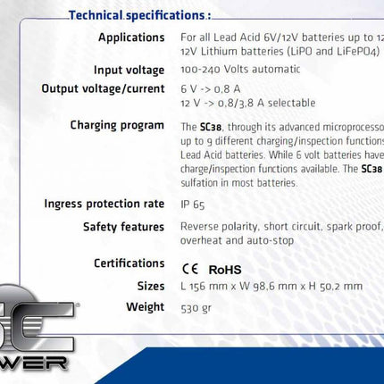 SC38 Battery Charger 6V 12V Lead Lithium Battery Charger 3,8A, !!!*** Eu Socket ***!!! Ps SC38