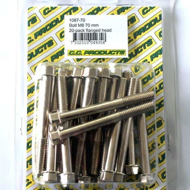 M8 x 70mm FLANGE BOLT, PACK OF 20, 10mm HEX